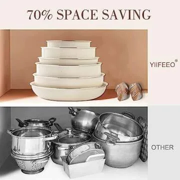 Nonstick Cookware Set - YIIFEEO Stackable Pots and Pans Set Detachable Handle Camping Cookware Granite Kitchen Cookware Sets Removable Handle, Non Toxic Nonstick Frying Pans for Cooking Set Gift Beige