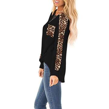 Omerker Women Leopard Print Tops Long Sleeve T Shirt Cute Sweatshirts Blouse Tunic with Pocket (2XL, Black)
