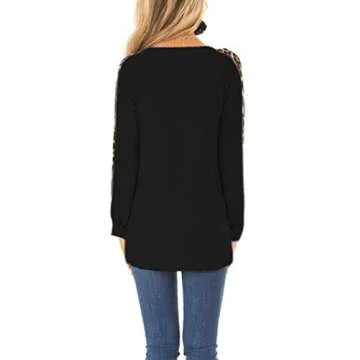 Omerker Women Leopard Print Tops Long Sleeve T Shirt Cute Sweatshirts Blouse Tunic with Pocket (2XL, Black)