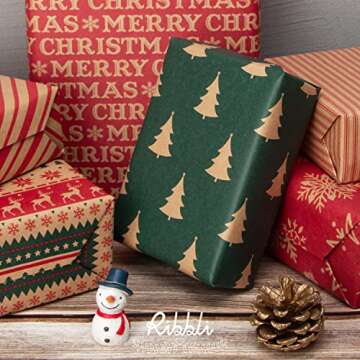 Ribbli Kraft Wrapping Paper with Snowflake/Tree/Stripe Patterns - 6 Rolls Red and Green Christmas As...