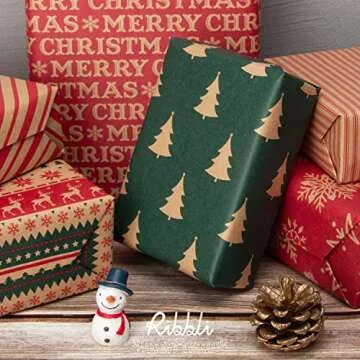 Ribbli Kraft Wrapping Paper with Snowflake/Tree/Stripe Patterns - 6 Rolls Red and Green Christmas As...