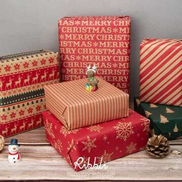Ribbli Kraft Wrapping Paper with Snowflake/Tree/Stripe Patterns - 6 Rolls Red and Green Christmas Assortment, 30 x 120 Inches Per Roll