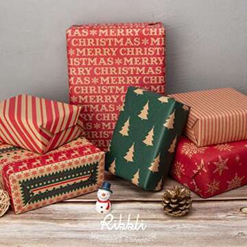 Ribbli Kraft Wrapping Paper with Snowflake/Tree/Stripe Patterns - 6 Rolls Red and Green Christmas Assortment, 30 x 120 Inches Per Roll