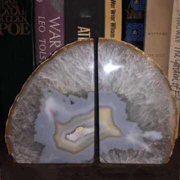 JIC Gem Natural Decorative Agate Book Ends Geode Bookends Stone Bookends for Shelves Book Ends to Hold Books Heavy Duty with Rubber Bumpers for Décor Small Size(1 Pair, 2-3 LBS)