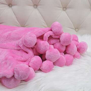 Home Soft Things Pompom Bed Couch Throw Blanket, 50'' x 60'', Festival Fuchsia, Fuzzy Soft Comfy Warm Decorative Throw Blanket for Living Room Bedroom Suitable for All Seasons