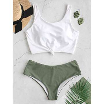 ZAFUL Women's Knotted Front Tankini Set High Waisted Bikini Scoop Neck Swimsuit Two Pieces Bathing Suit Green M