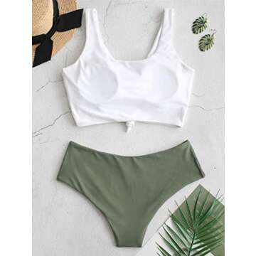 ZAFUL Women's Knotted Front Tankini Set High Waisted Bikini Scoop Neck Swimsuit Two Pieces Bathing Suit Green M