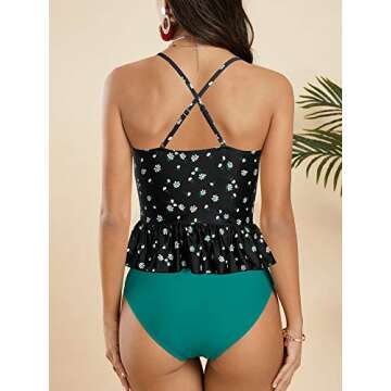 FERBIA Women High Waisted Tankini Swimsuit - Falbala Ruffle & Floral