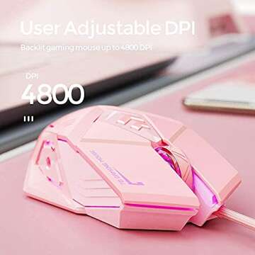 INPHIC Pink Gaming Mouse. USB Optical Wired Mouse. RGB Backlight. 4 Levels Adjustable DPI up to 4800...
