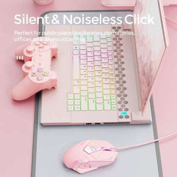 INPHIC Pink Gaming Mouse. USB Optical Wired Mouse. RGB Backlight. 4 Levels Adjustable DPI up to 4800. Silent Click, Ergonomic and 7 programmable Buttons Design. PC Gaming Mice for Windows System.
