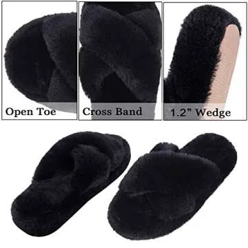 DL Fluffy Womens House Slippers Cross Band Open Toe, Soft Plush Fleece Bedroom Slippers Women Memory Foam, Comfy Fuzzy Slip On Non-Slip Womens Slippers Indoor Pink Gray Black White