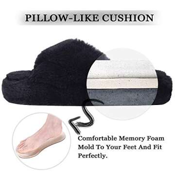 DL Fluffy Womens House Slippers Cross Band Open Toe, Soft Plush Fleece Bedroom Slippers Women Memory Foam, Comfy Fuzzy Slip On Non-Slip Womens Slippers Indoor Pink Gray Black White