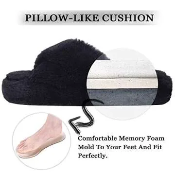 DL Fluffy Womens House Slippers Cross Band Open Toe, Soft Plush Fleece Bedroom Slippers Women Memory Foam, Comfy Fuzzy Slip On Non-Slip Womens Slippers Indoor Pink Gray Black White