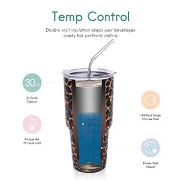 BR JUNKER 30 oz. Tumbler Double Wall Stainless Steel Vacuum Insulation Travel Mug with Crystal Clear Lid and Straw, Water Coffee Cup for Home,Office,School, Ice Drink, Hot Beverage,Leopard