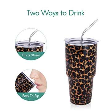 BR JUNKER 30 oz. Tumbler Double Wall Stainless Steel Vacuum Insulation Travel Mug with Crystal Clear Lid and Straw, Water Coffee Cup for Home,Office,School, Ice Drink, Hot Beverage,Leopard