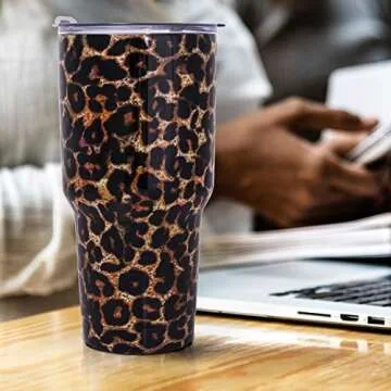 BR JUNKER 30 oz. Tumbler Double Wall Stainless Steel Vacuum Insulation Travel Mug with Crystal Clear Lid and Straw, Water Coffee Cup for Home,Office,School, Ice Drink, Hot Beverage,Leopard