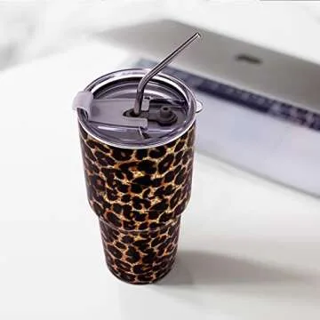 BR JUNKER 30 oz. Tumbler Double Wall Stainless Steel Vacuum Insulation Travel Mug with Crystal Clear Lid and Straw, Water Coffee Cup for Home,Office,School, Ice Drink, Hot Beverage,Leopard