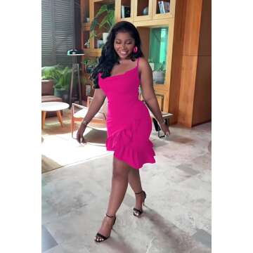 Womens Sexy Bodycon Mini Dress Casual Straps Short Ruffle Sleeveless Pink Dresses Party Club Homecoming
