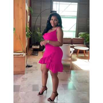 Womens Sexy Bodycon Mini Dress Casual Straps Short Ruffle Sleeveless Pink Dresses Party Club Homecoming