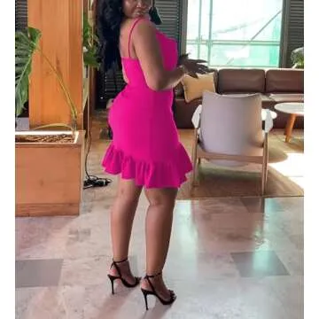 Womens Sexy Bodycon Mini Dress Casual Straps Short Ruffle Sleeveless Pink Dresses Party Club Homecoming