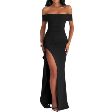 LAGSHIAN Women's Elegant Bodycon Off Shoulder Sleeveless High Split Ruched Long Formal Evening Dress...