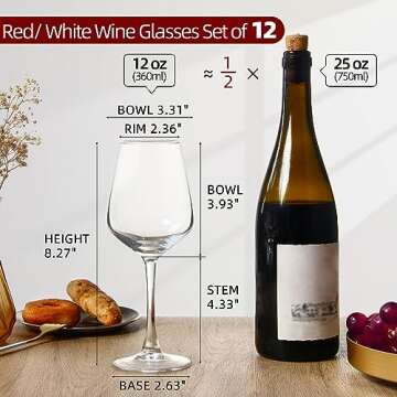 Wine Glasses Set of 12, 12oz Clear Red/White Wine Glasses, Long Stem Wine Glasses for Party, Wedding...