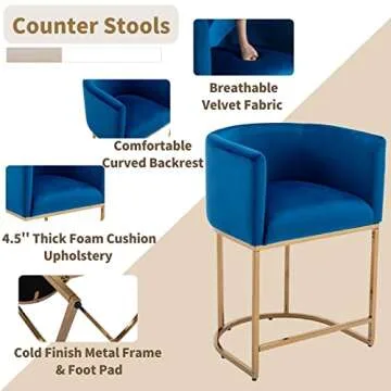 Stylish Navy Blue Velvet Counter Stools Set of 3