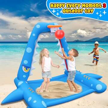 Sprinkler for Kids Outdoor Play, Giant Inflatable Shark Water Toys Splash Pad with Basketball Hoop, Fun Sprinkler Summer Outdoor Game for 3-8 Years Old Children Boys Girls Gift