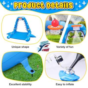 Sprinkler for Kids Outdoor Play, Giant Inflatable Shark Water Toys Splash Pad with Basketball Hoop, Fun Sprinkler Summer Outdoor Game for 3-8 Years Old Children Boys Girls Gift
