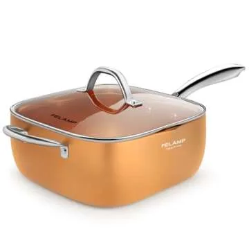 FELAMP Copper Pan Chef Cookware, 9.5-Inch Nonstick Deep Square Induction Frying Pan with Glass Lid, ...