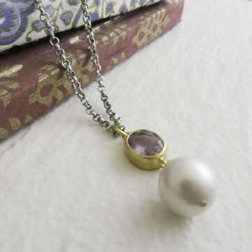 Amethyst and Cultured Freshwater Baroque Pearl Sterling Silver Pendant Necklace 18 inches - Handmade...