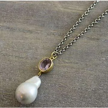 Amethyst and Cultured Freshwater Baroque Pearl Sterling Silver Pendant Necklace 18 inches - Handmade Artisan Gemstone Jewelry Gift Ideas for Women - Birthday Valentine's Mother's Day Gift (amethyst)
