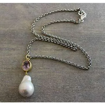 Amethyst and Cultured Freshwater Baroque Pearl Sterling Silver Pendant Necklace 18 inches - Handmade Artisan Gemstone Jewelry Gift Ideas for Women - Birthday Valentine's Mother's Day Gift (amethyst)