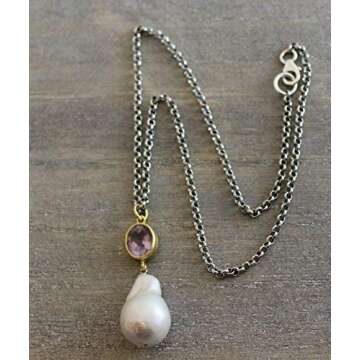 Amethyst and Cultured Freshwater Baroque Pearl Sterling Silver Pendant Necklace 18 inches - Handmade Artisan Gemstone Jewelry Gift Ideas for Women - Birthday Valentine's Mother's Day Gift (amethyst)