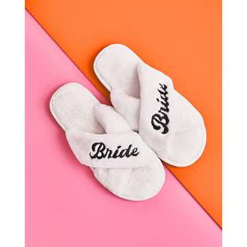xo, Fetti Bride Slippers, White Fur, S/M | Bachelorette Party Decorations, Wedding Day Sandals, Brid...
