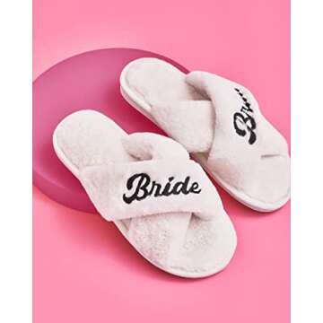 xo, Fetti Bride Slippers, White Fur, S/M | Bachelorette Party Decorations, Wedding Day Sandals, Bridesmaid Gift, Bridal Shower Party Favor