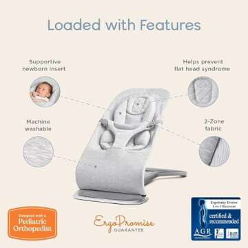 Ergobaby Evolve 3-in-1 Bouncer, Adjustable Multi Position Baby Bouncer Seat, Fits Newborn to Toddler, Onyx Black
