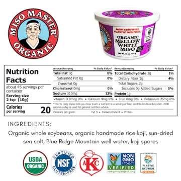 Miso Master Organic Mellow White Miso, Gluten-Free, Organic, Non-GMO, Vegan, Kosher, Vegan White Miso Paste, 16 oz tub