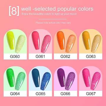 Arousar Reflective Fluorescent 8 Colors Nail Gel Polish Set, Glitter Yellow Orange Pink Green Gel Po...