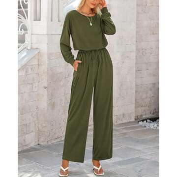 dowerme Women's One Piece Jumpsuits 2025 Long Sleeve Scoop Neck Drawstring Long Rompers Loose Knit Overalls With Pocket