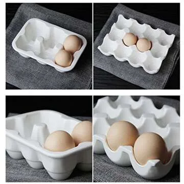 Leoyoubei 12 Cups Egg Holder for Fridge,Egg Tray Holder,Pretty Ceramic Egg Plate,7.5X5.5X1.5" Kitchen Restaurant Fridge Storage and Cookable Egg Porcelain Decorative Crate White-Heat Resistant