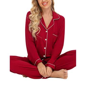 Pjmlifecoco Pajamas Set Long Sleeve Womens Button Down Sleepwear Two Piece Nightwear Pj Lounge Sets Red