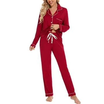 Pjmlifecoco Pajamas Set Long Sleeve Womens Button Down Sleepwear Two Piece Nightwear Pj Lounge Sets Red