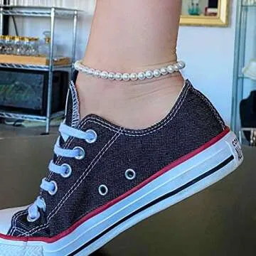 Imitation Pearl Beaded Anklets Elegant White Shell Pearl Beads Ankle Bracelets for Women Adjustable 18K Gold Plated Foot Jewelry Bridesmaids Gift