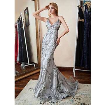 Lover Kiss Light Sky Blue Long Sexy Mermaid Formal Prom Dresses V-Neck Open Back Sequin Evening Party Gown, 4