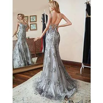 Lover Kiss Light Sky Blue Long Sexy Mermaid Formal Prom Dresses V-Neck Open Back Sequin Evening Party Gown, 4