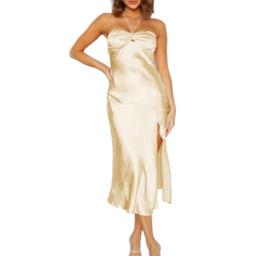 VUBIYA Elegant Satin Tube Tops Slit Wedding Guest Dress for Women