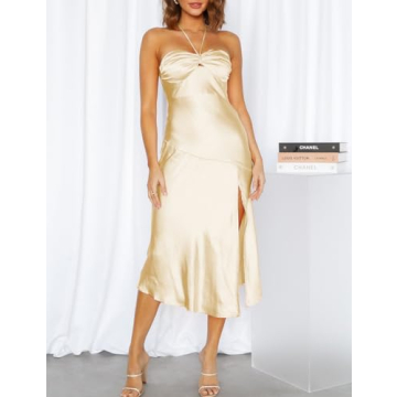 Elegant Satin Strapless Halter Neck Midi Dress for Women