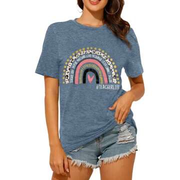 Women Teacher Life Shirt Cute Rainbow Leopard Graphic Casual Letter Print Athletic Tee Kindergarten Teachers Gift Inspirational Workout Short Sleeve Tops- M