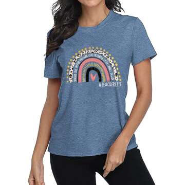 Women Teacher Life Shirt Cute Rainbow Leopard Graphic Casual Letter Print Athletic Tee Kindergarten Teachers Gift Inspirational Workout Short Sleeve Tops- M